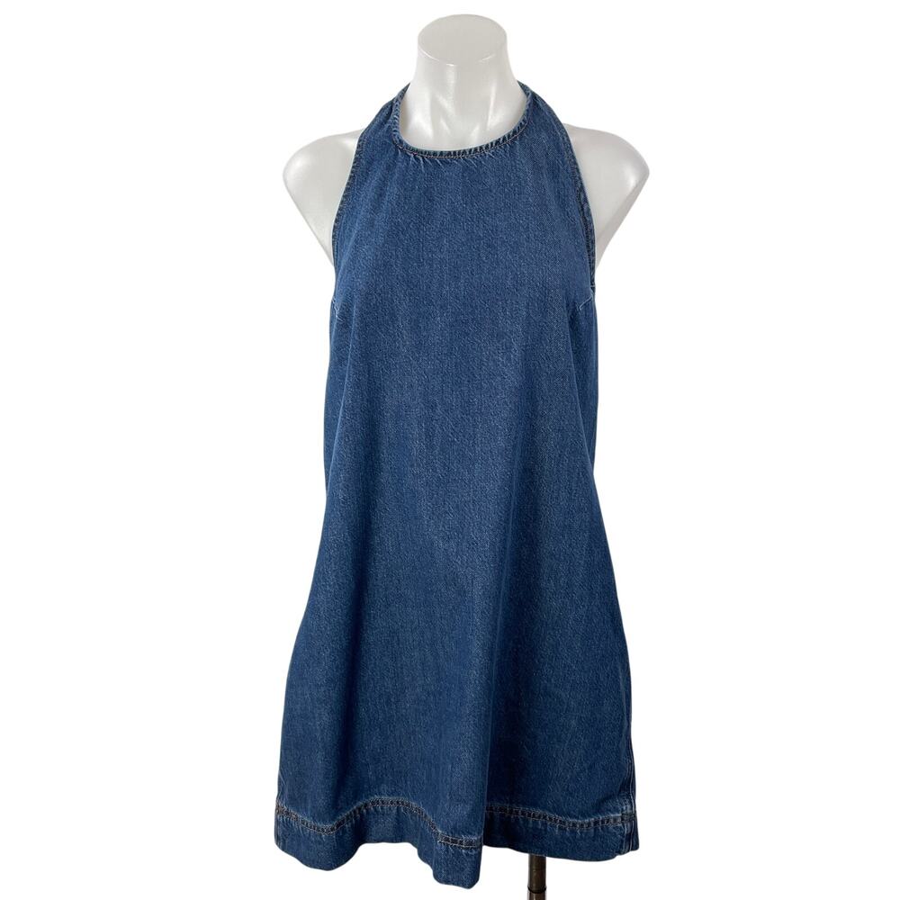 Reformation Avielle Denim Women's Blue Sleeveless Relaxed Halter Mini Dress Sz M